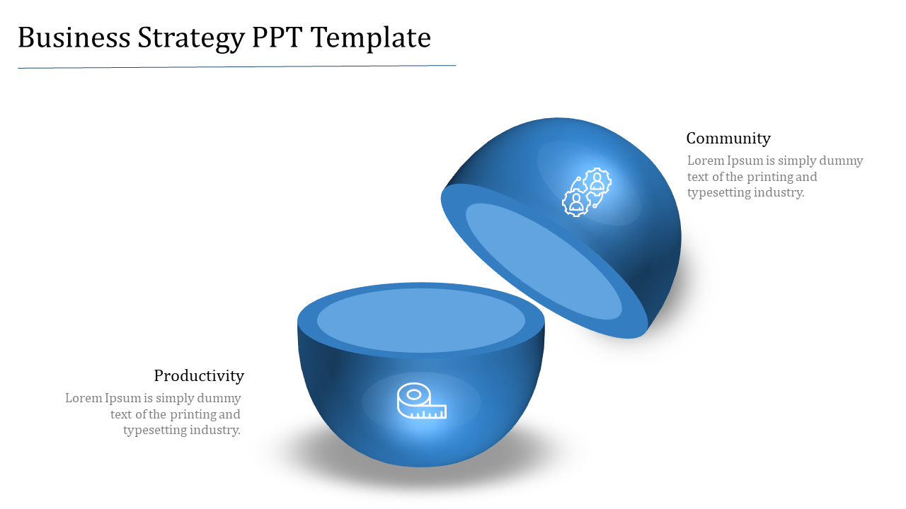 Business strategy slide showing a 3D blue sphere split into two halves, labeled community and productivity, with icons.