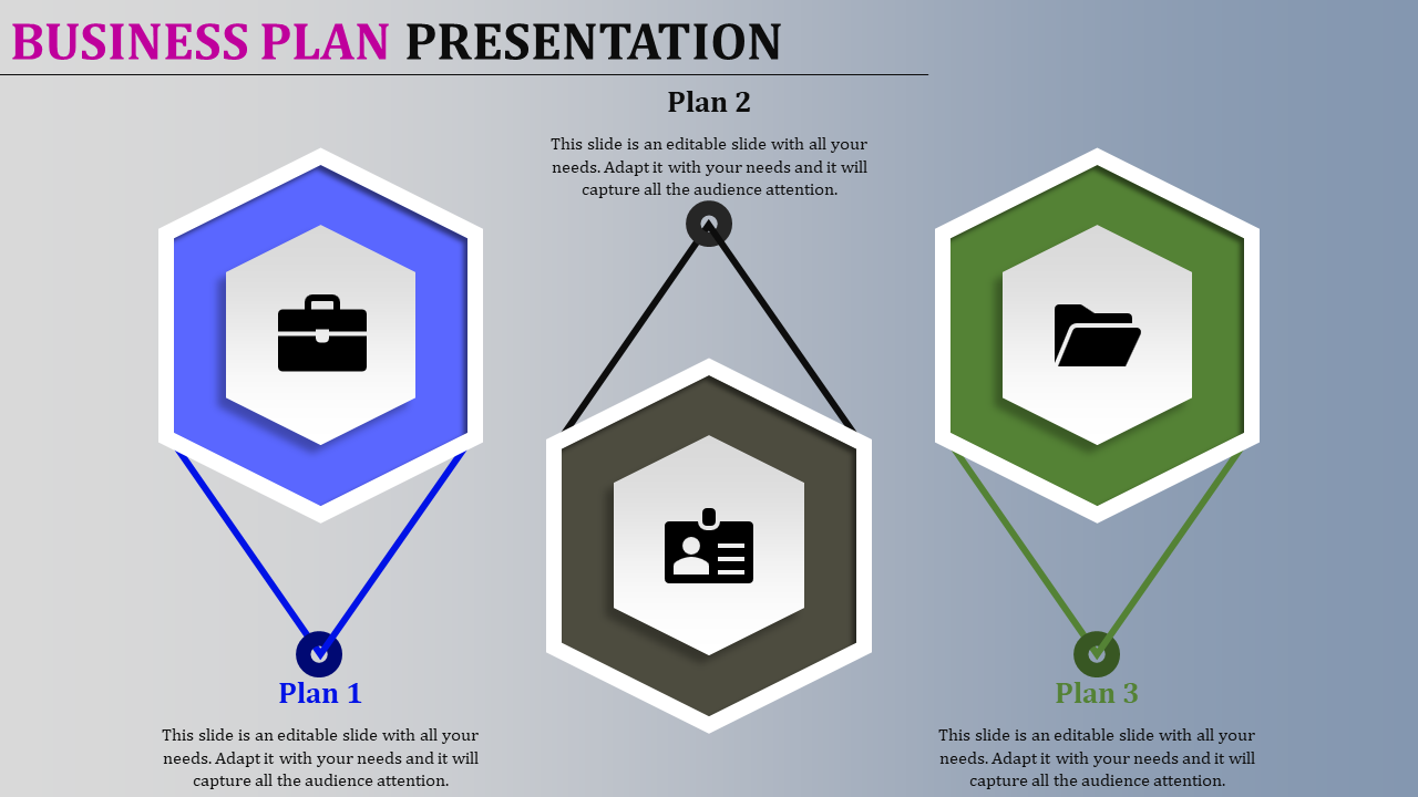 Business plan slide with three hexagonal shapes in blue, black, and green, each containing icons and captions.