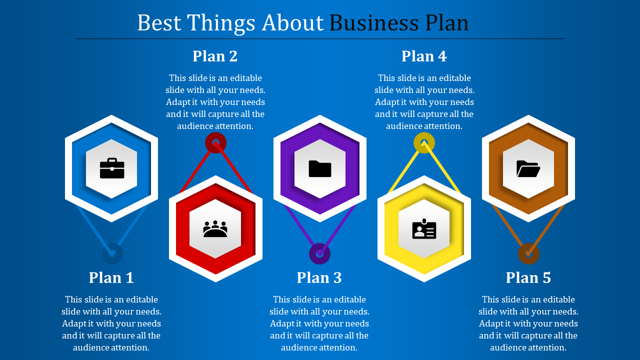 Business plan PowerPoint slide with five sections connected by lines, each containing an icon representing a plan.