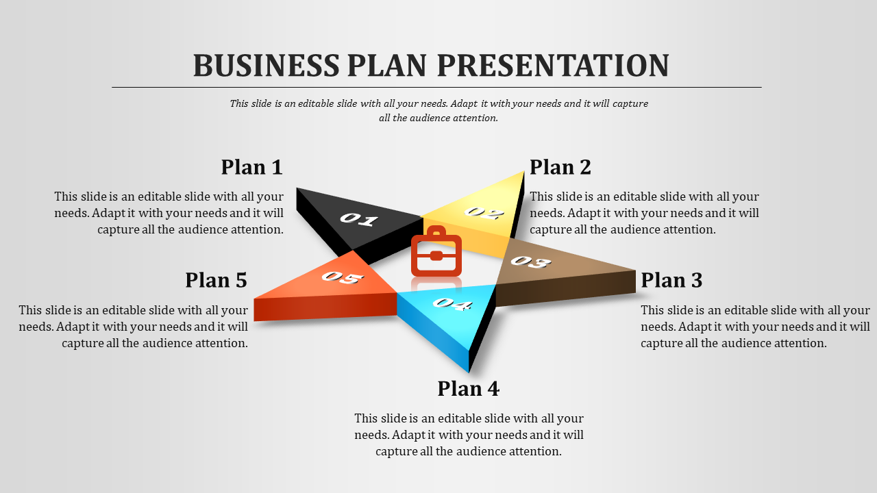 Business plan slide with a 3D star graphic, five points numbered 01 to 05, and plan titles distributed around the star.