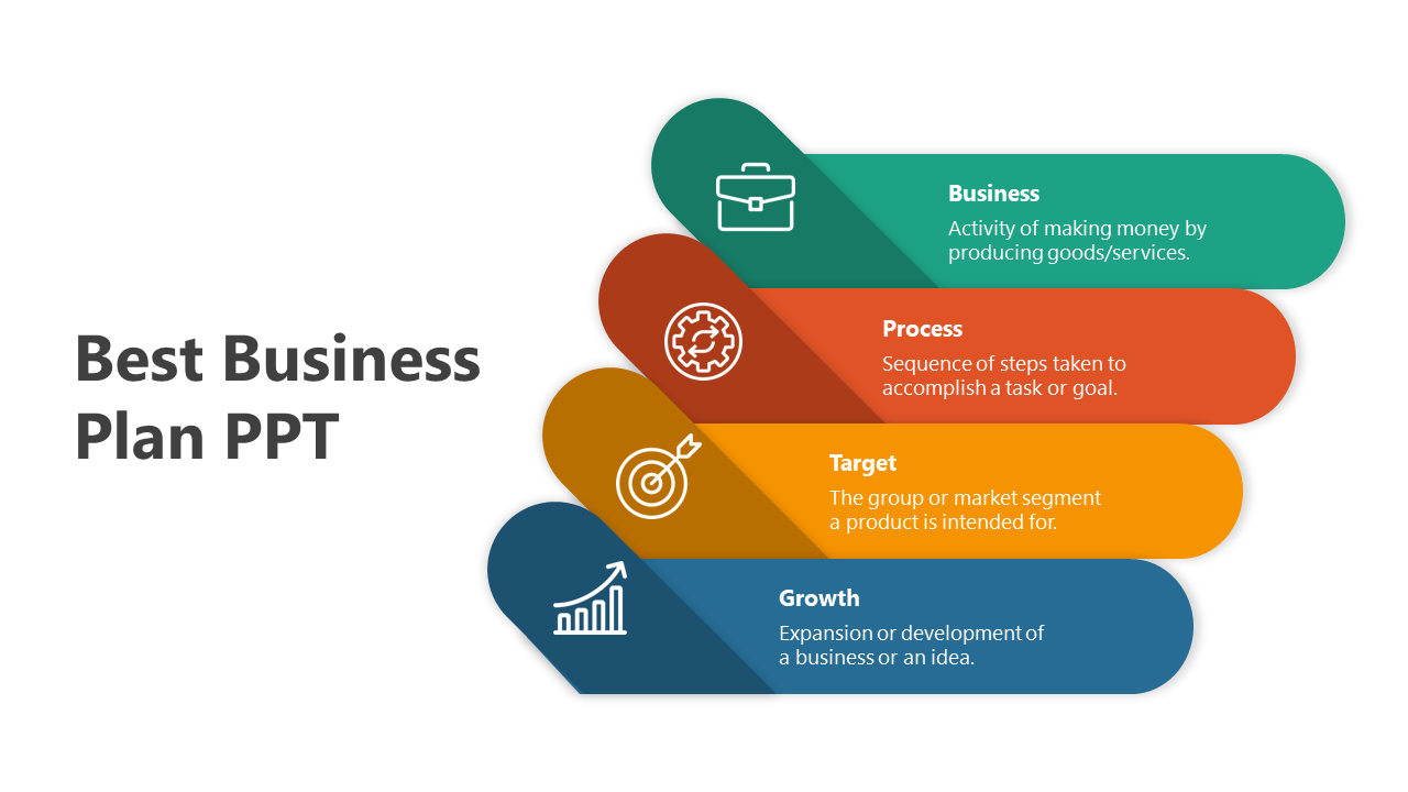 Business plan template featuring four horizontal steps in colors with icons for briefcase, process, target, and growth.