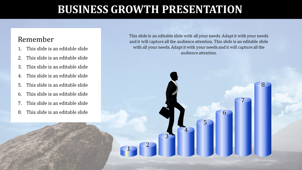 Eight-step business growth chart with blue 3D bars increasing in height and a figure climbing up with a briefcase.