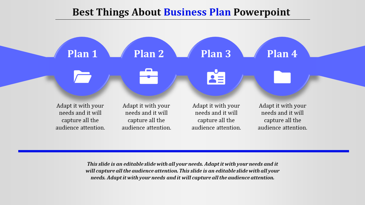 Business plan slide with four blue circles labeled plan 1 to 4, each with icons, text, and a line at the bottom.