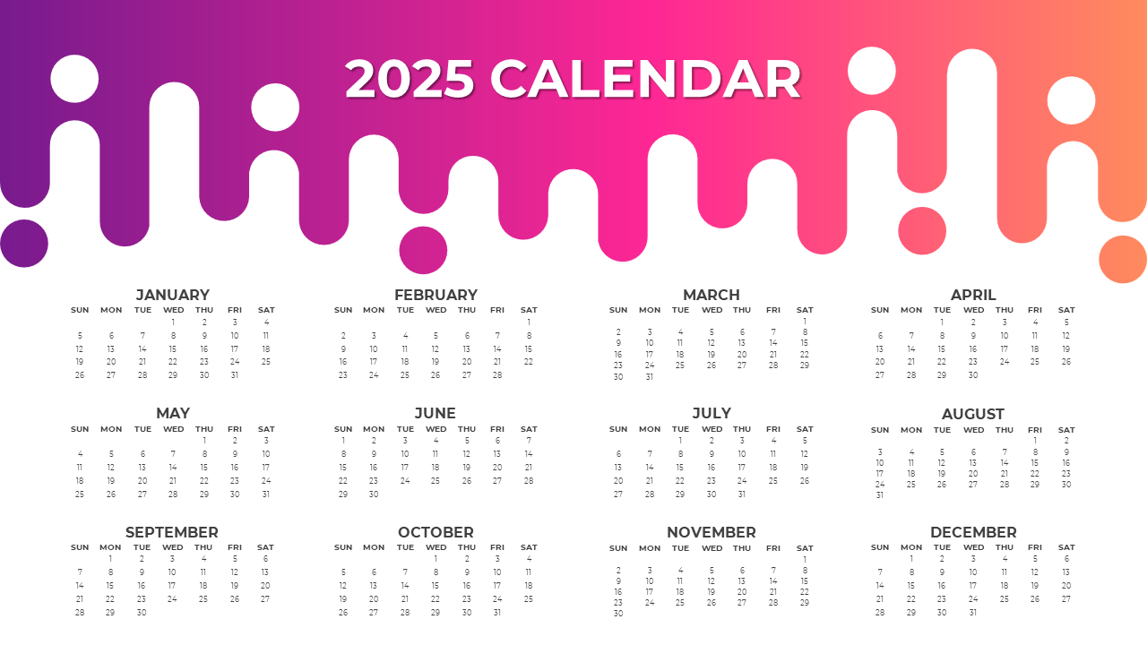 A slide displaying a vibrant 2025 calendar with a pink and purple drip design, including all twelve months.