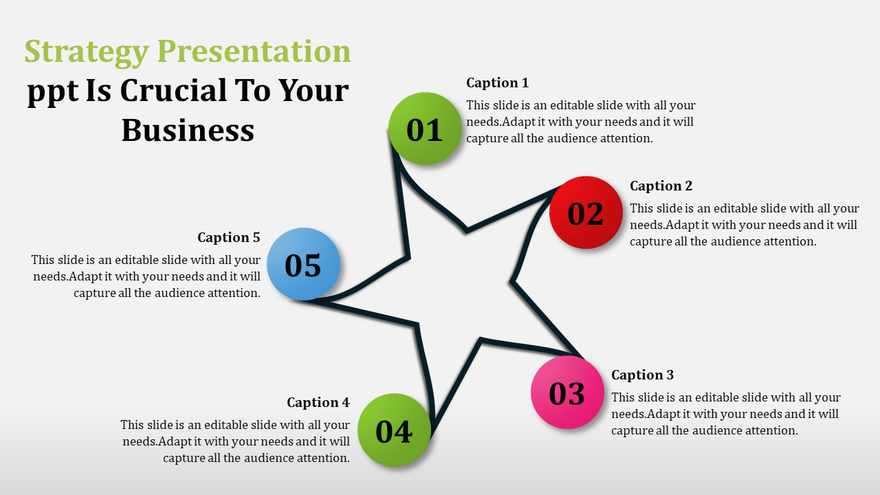 A star shaped strategy slide with five sections for key points and a title section.