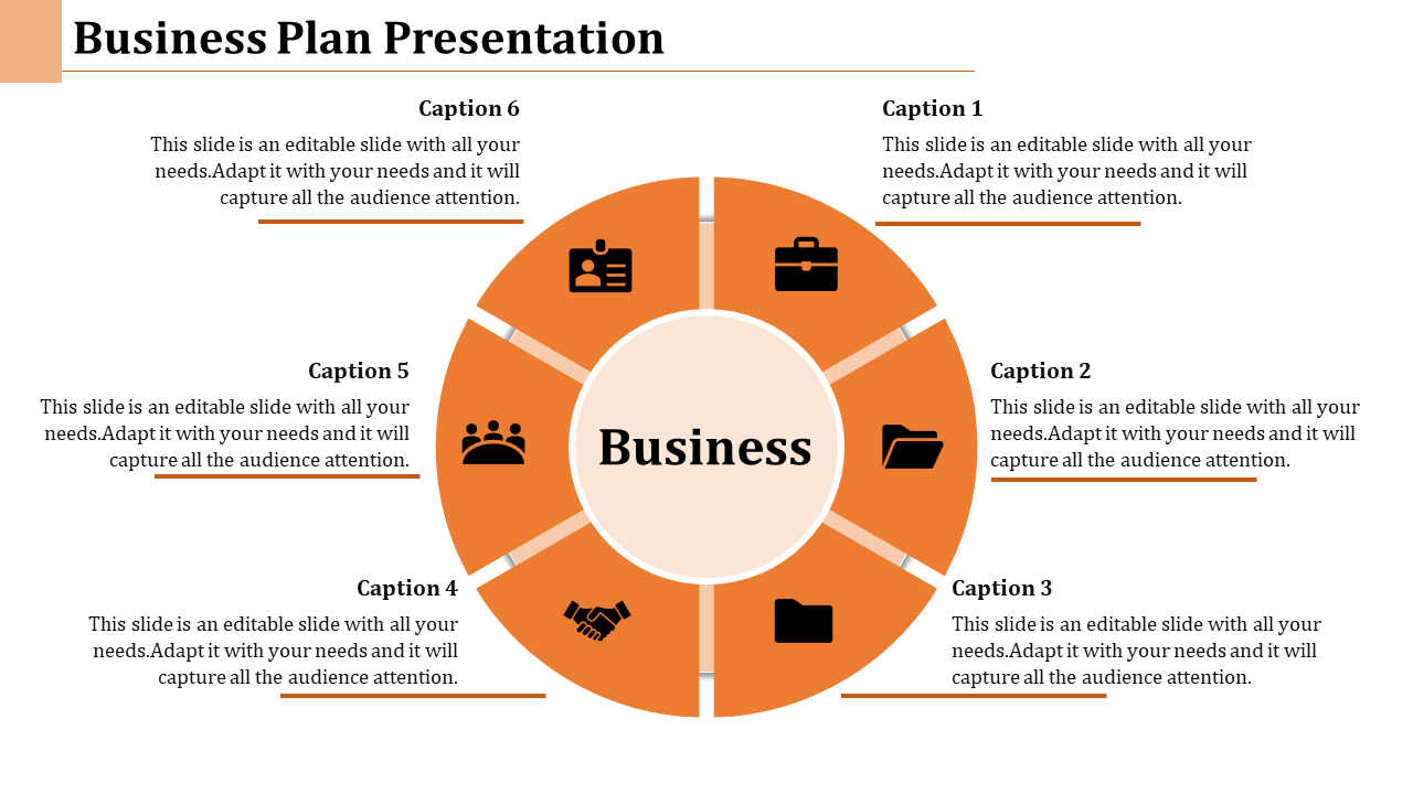 Business plan PowerPoint slide with circular sections and icons representing business concepts with captions.