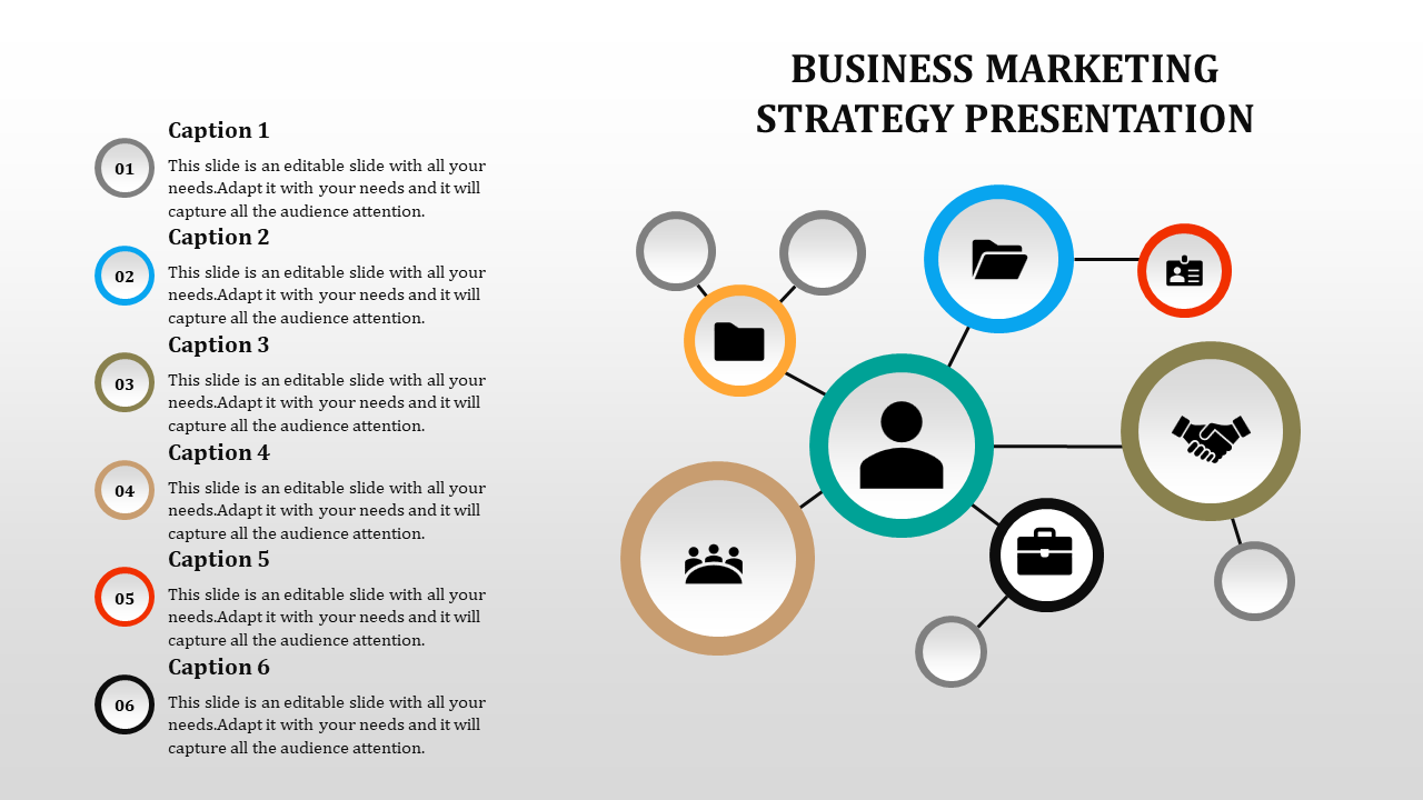 Business marketing diagram with a icon connected to six circular nodes featuring folder, handshake, and briefcase icons.