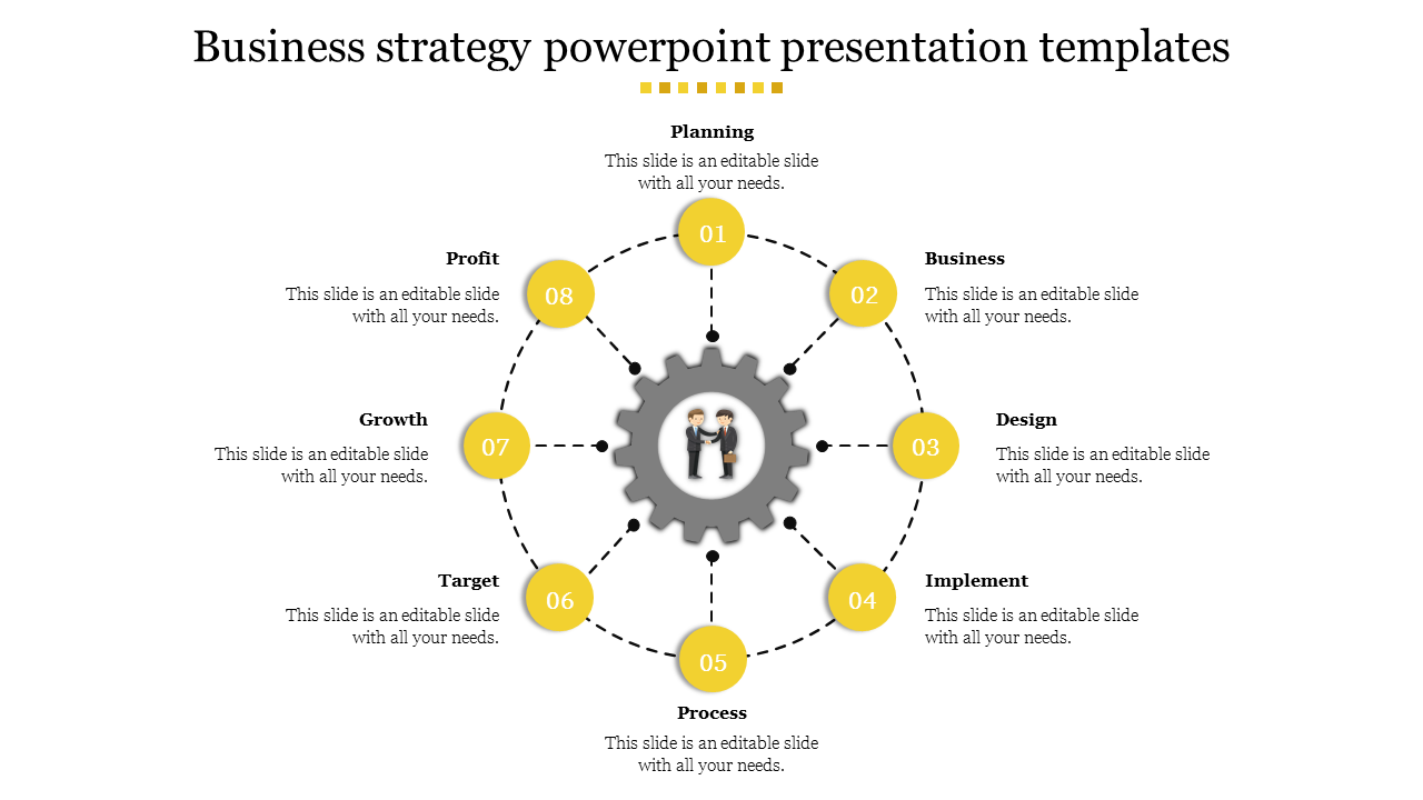 Gear shaped design with eight yellow numbered sections, each labeled with a business term and connected in a circle.