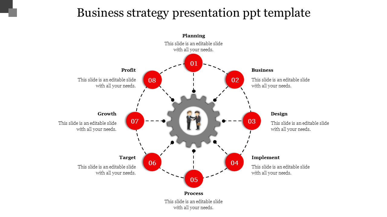 Business strategy PowerPoint template with a numbered red eight step circular gear diagram with placeholder text.