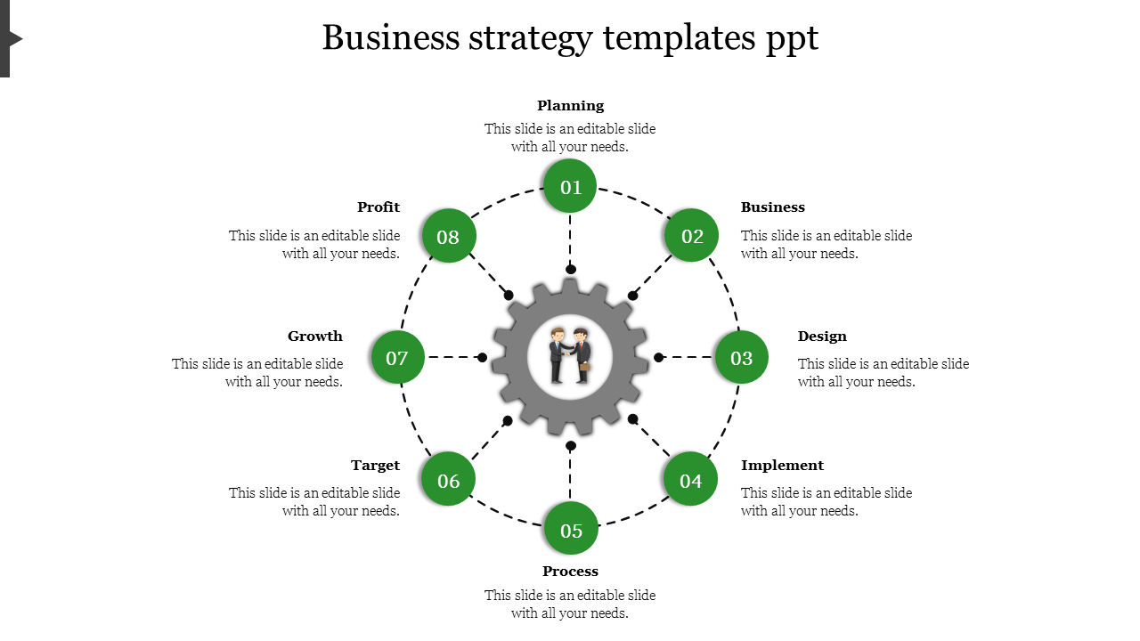 Business strategy PowerPoint template with a numbered green eight step circular gear diagram with placeholder text.