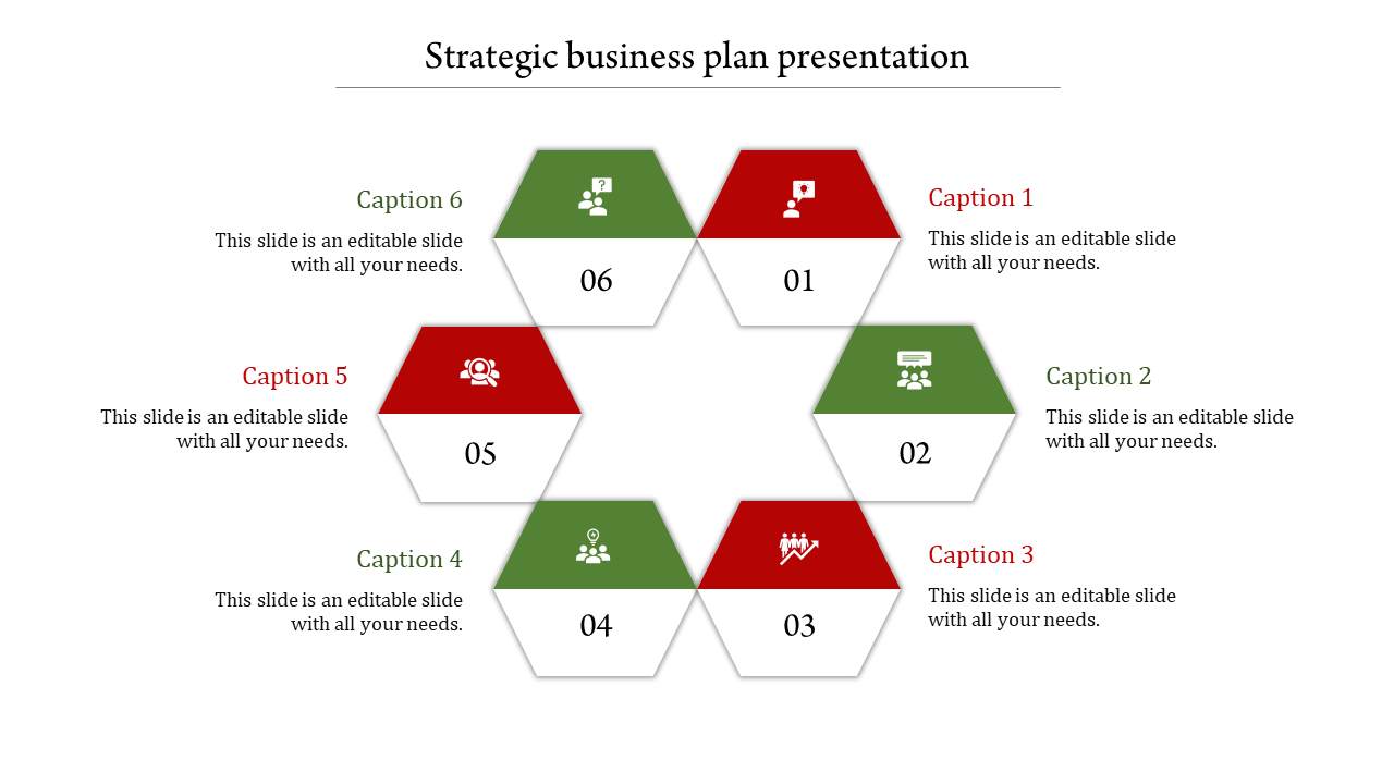 Hexagonal layout with alternating red and green shapes, featuring captions, and icons arranged symmetrically.