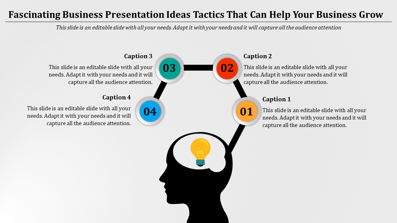 Business presentation idea featuring a lightbulb inside a head with numbered steps leading to captions.