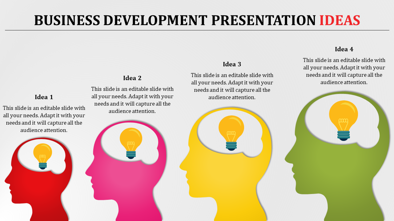 Slide showcasing four business development ideas with colorful head silhouettes and yellow light bulbs with text area.