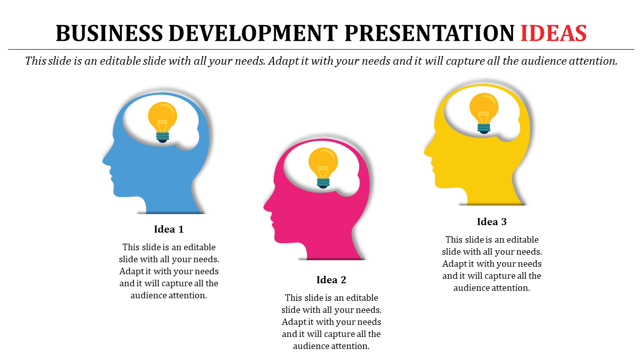 Illustration of three colored heads with lightbulbs inside, representing creative business development ideas.