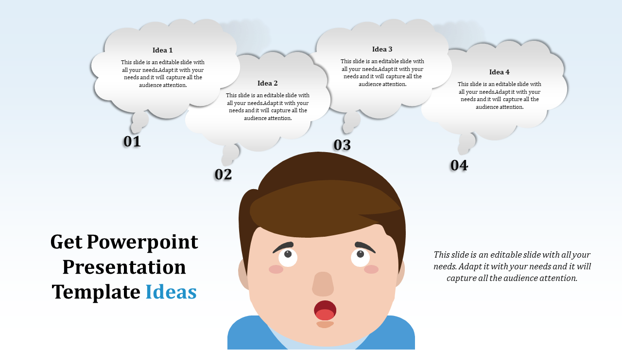 Template design featuring a cartoon face below four numbered thought bubbles for brainstorming ideas.