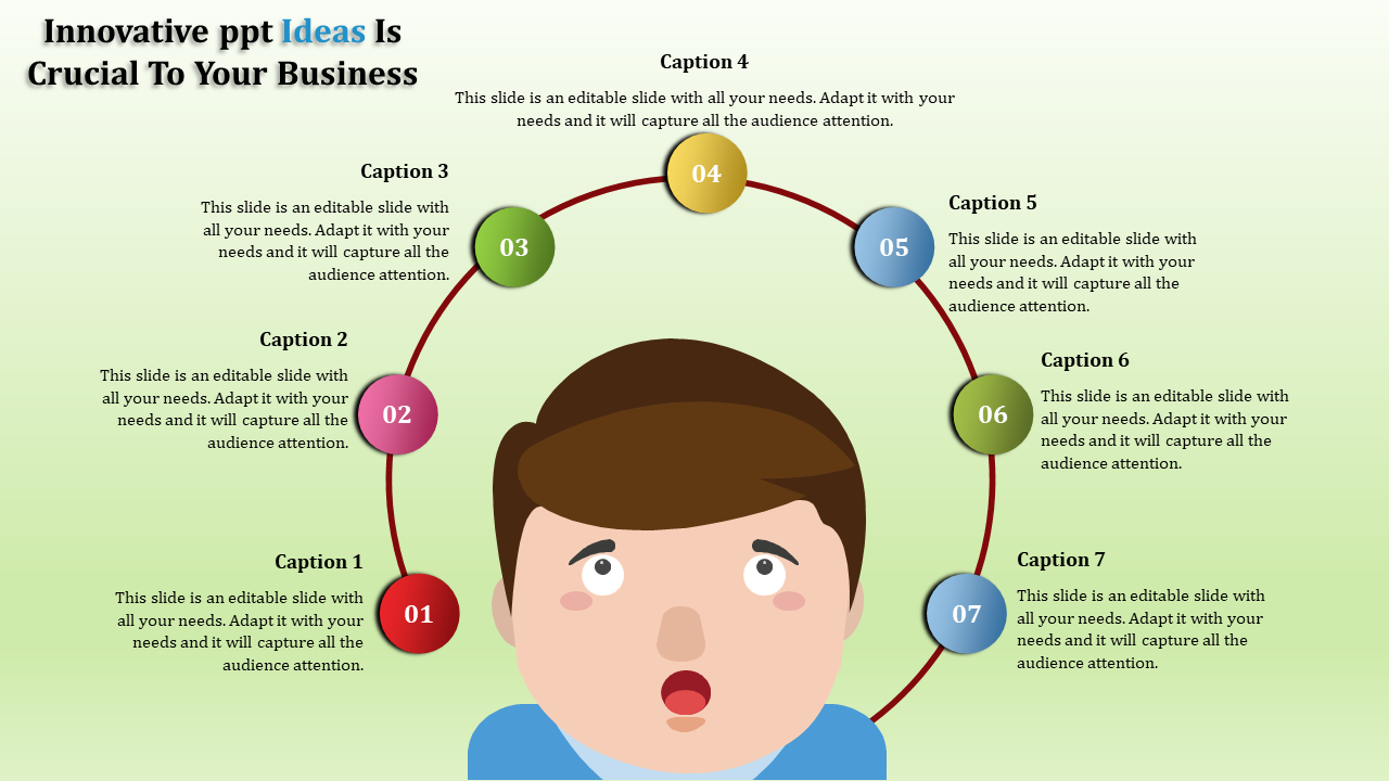 Innovative PPT ideas template with seven numbered captions arranged around a person in a circular layout on a green theme.