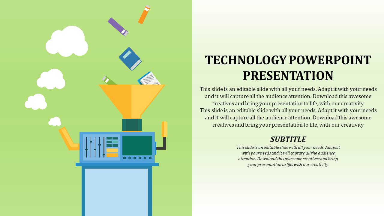 Technology slide featuring a machine funneling books and tools, on a green background, with text on the right.