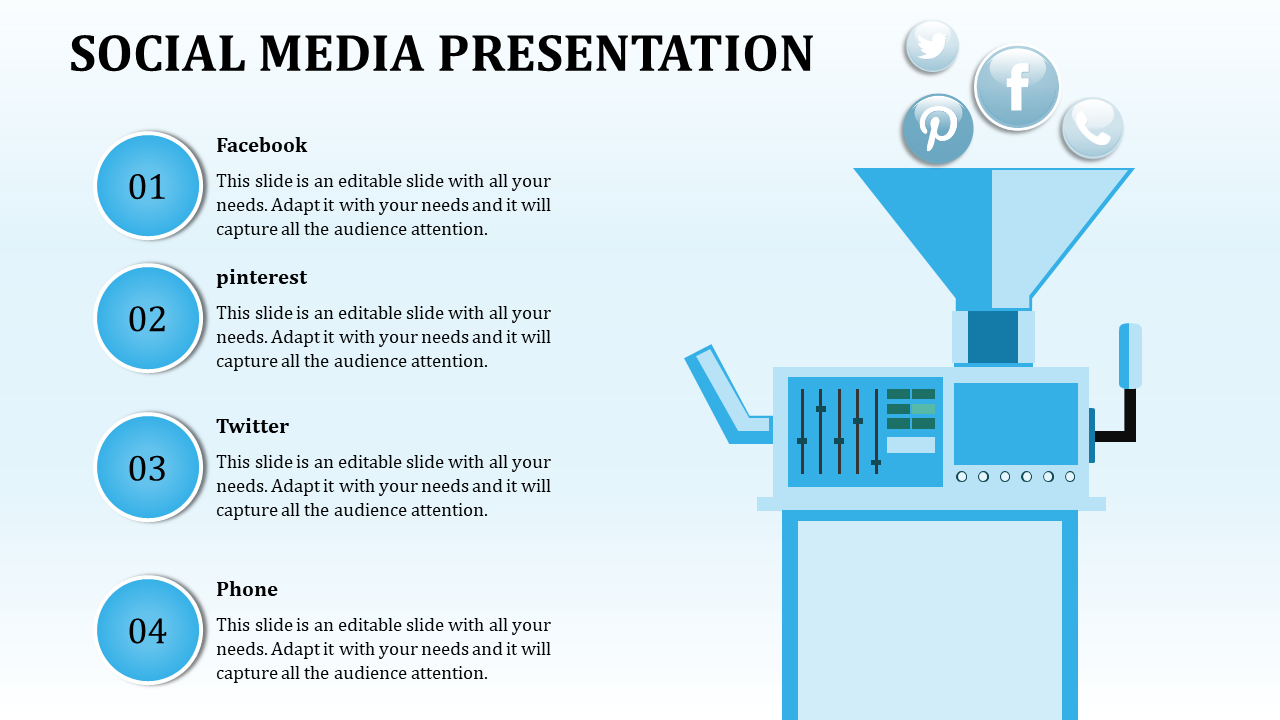 Illustration of a machine processing social media icons with four numbered captions describing platforms, in blue theme.