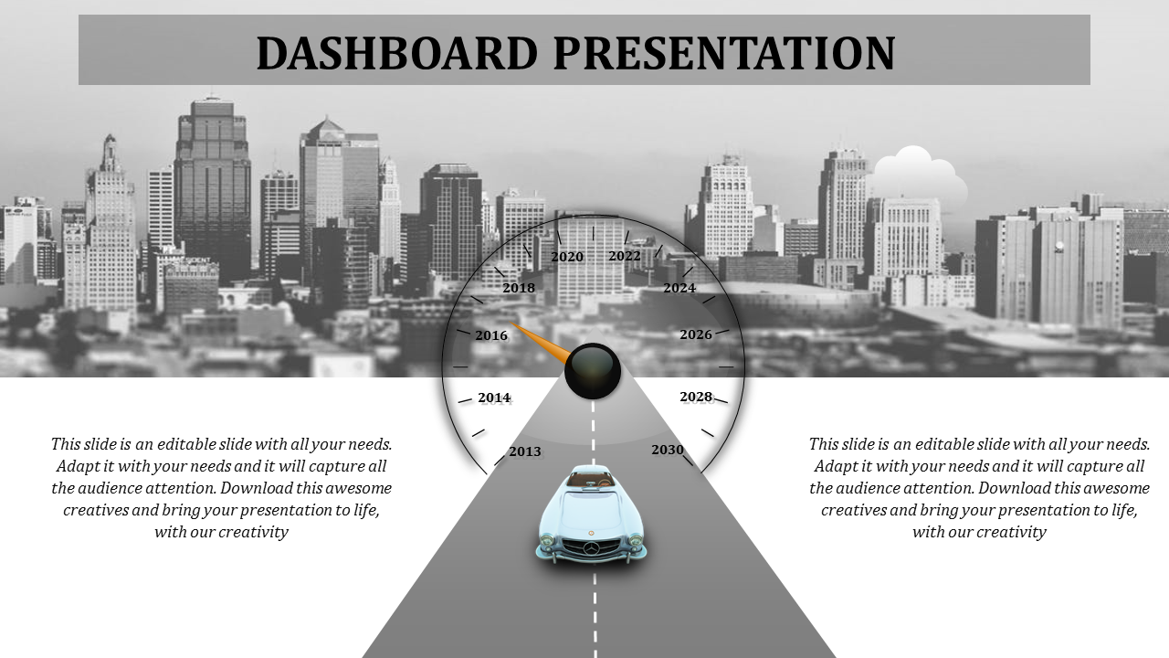 Gray themed dashboard slide with a car on a road, a speedometer style gauge, and a blurred cityscape background.