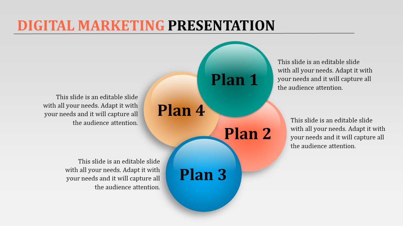 Digital marketing slide with four overlapping colorful circles labeled plan 1 to plan 4 with placeholder text areas around.