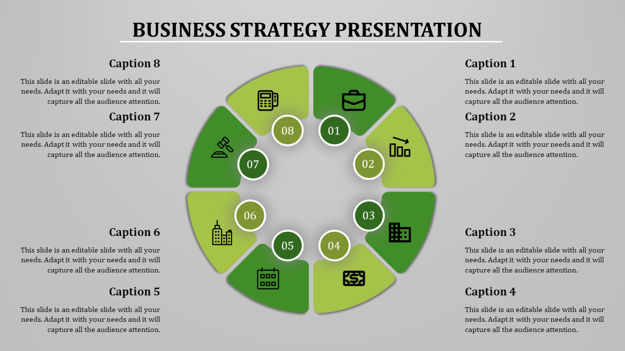 Business strategy template with eight key elements represented by icons in a circular layout with captions.