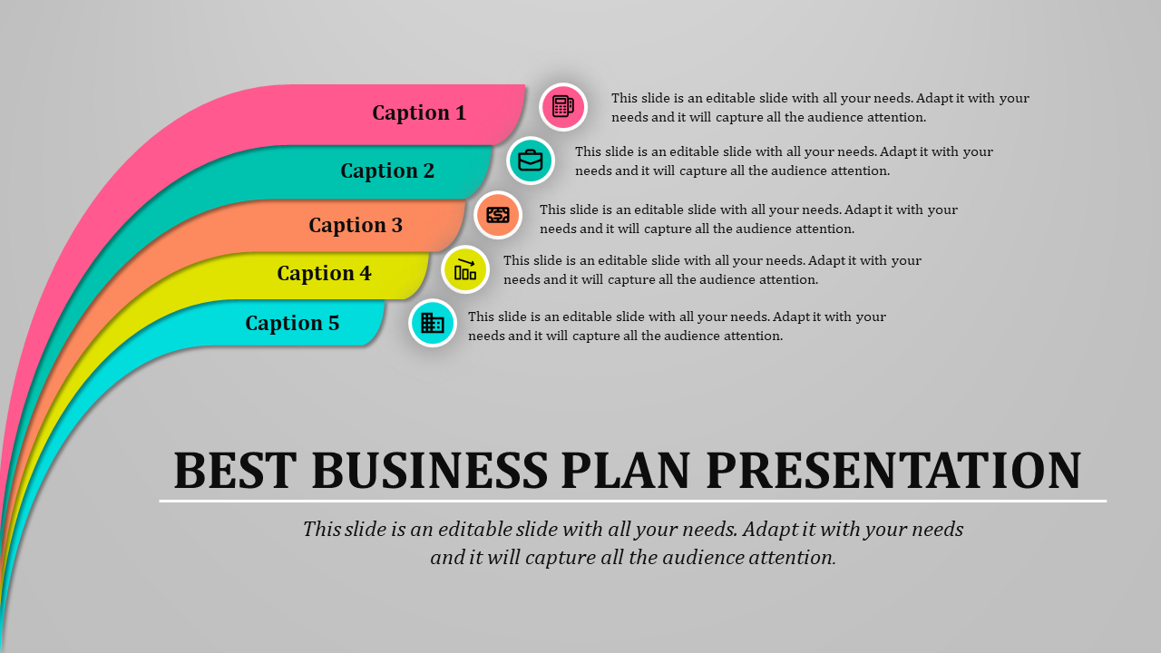 Creative business plan PowerPoint with colorful layers and icons representing various business sections.