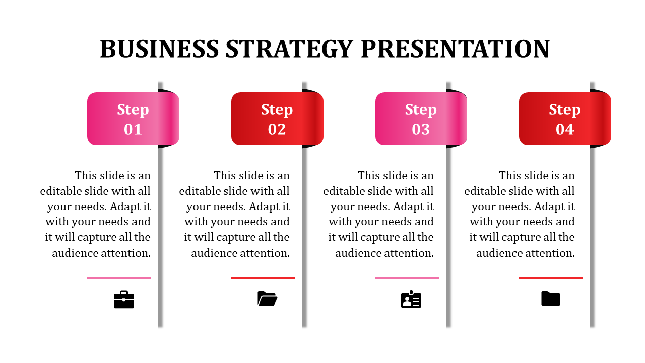 Four step business strategy layout with vertical banners in pink and red shades, each with icons and descriptions below.