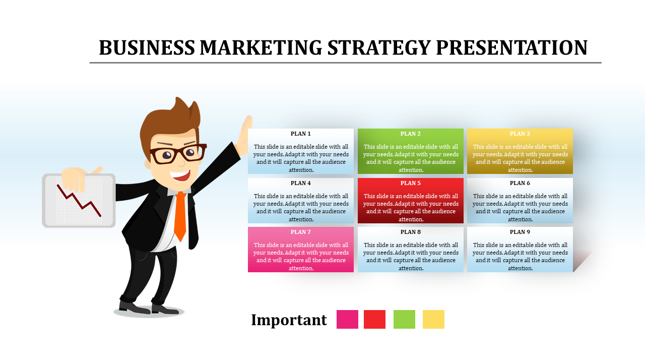 Business marketing slide featuring nine plans in colorful boxes, with an illustrated man holding a graph chart.