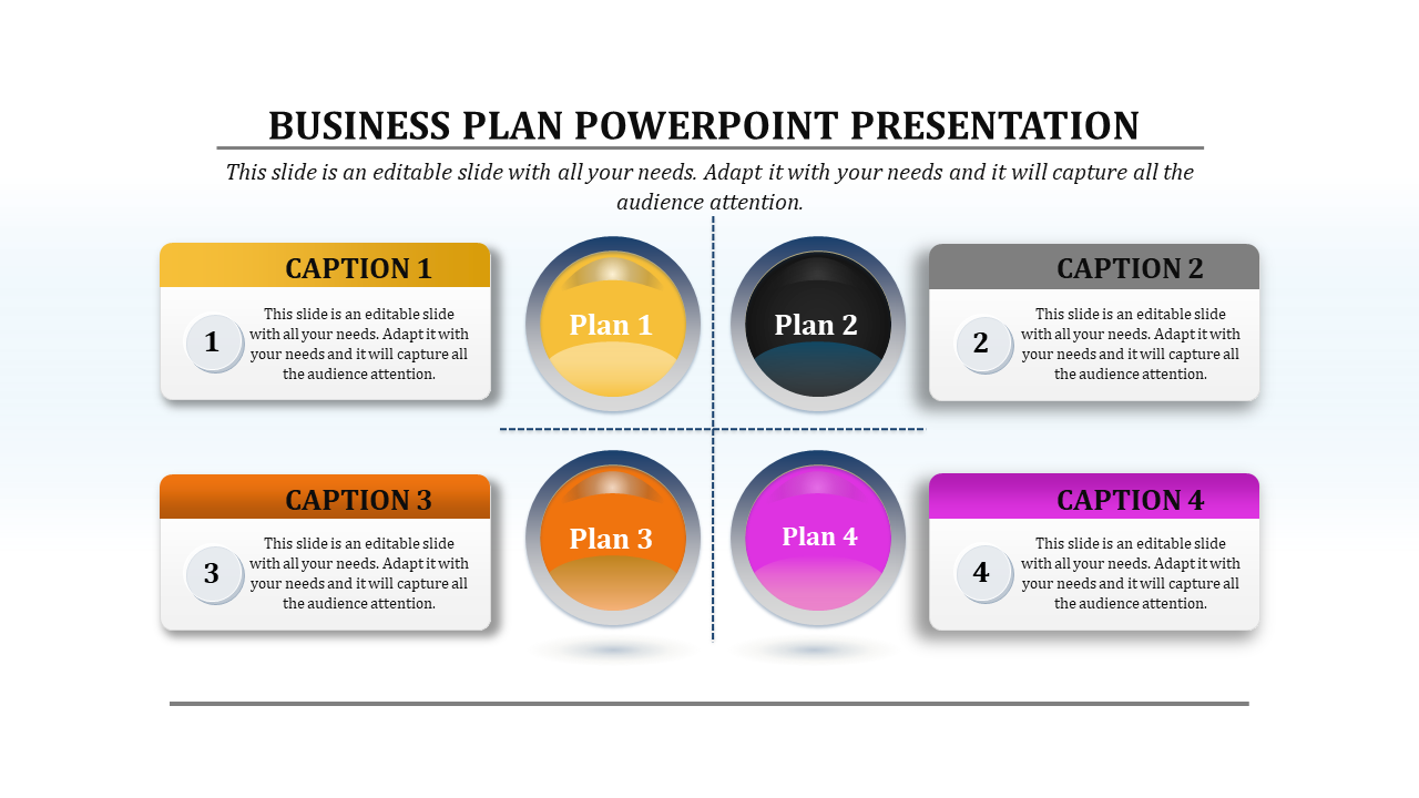 Business plan slide with four colored circles in yellow, gray, orange, and purple, paired with matching text boxes.