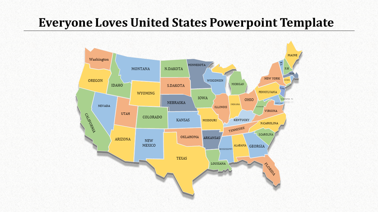 Colorful map of the United States with each state in a different color, displayed on a white background.