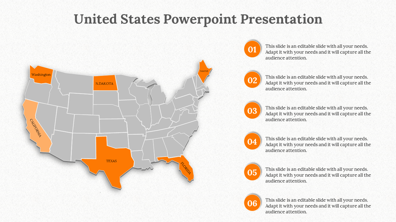 Highlighted U.S. states, including Washington, California, Texas, and Florida, with text placeholders on the right.