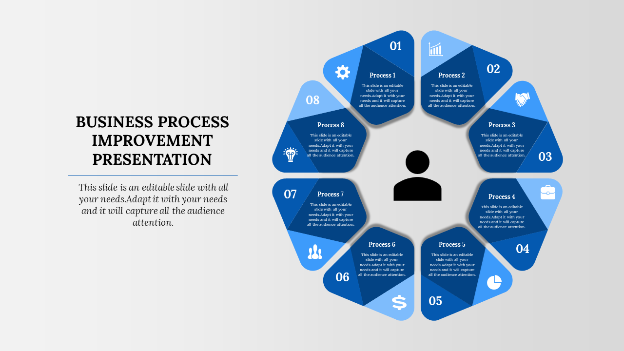 Business process improvement presentation template showing eight steps, each represented by an icon with captions.