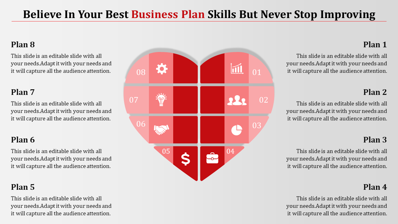 Red heart shaped infographic divided into eight sections, each with white icons and numbered plans on both sides.