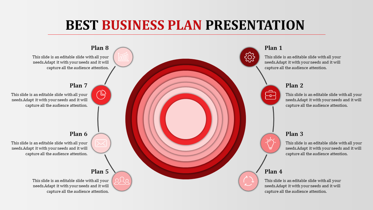 Eight step business plan diagram with concentric circles and icons for tasks, goals, and communication.