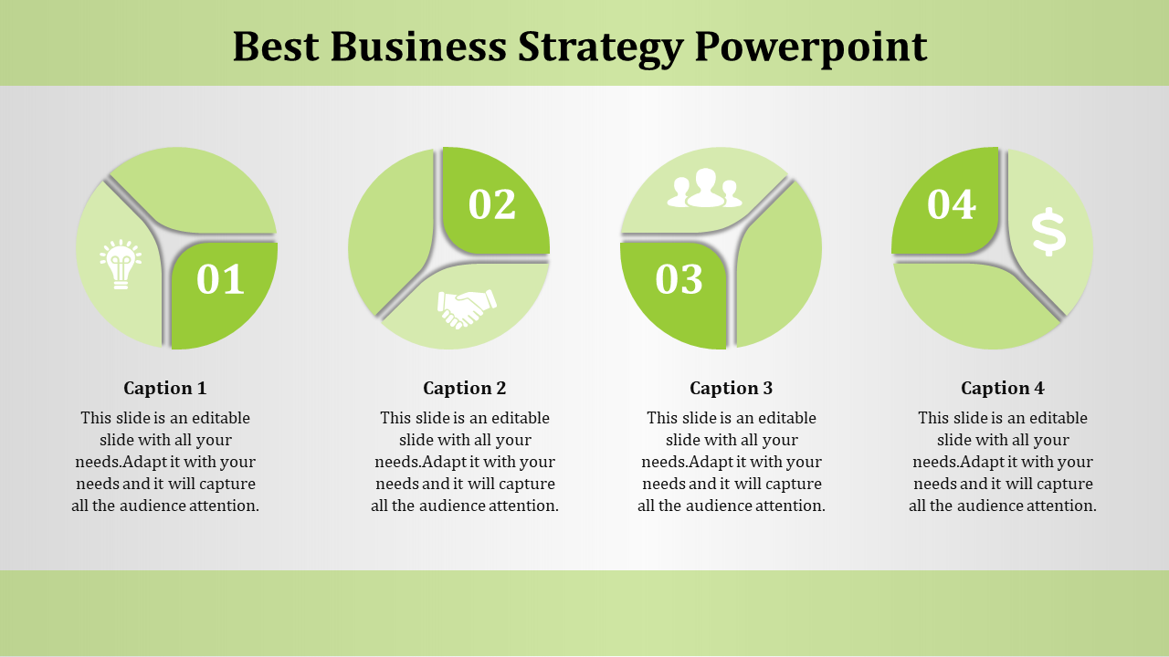 A business strategy PowerPoint template with four sections, each containing an icon representing key business concepts.