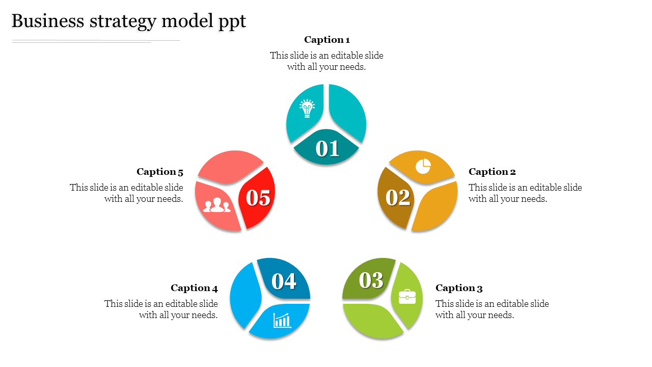 Business strategy slide featuring five colored segmented icons, numbered 01 to 05, arranged in pentagonal layout.