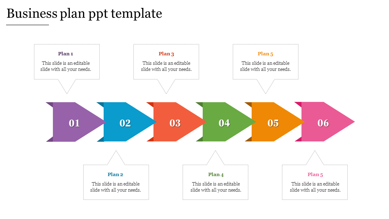 Business plan template with a sequence of six arrows in purple, blue, red, green, orange, and pink, connected to text boxes.