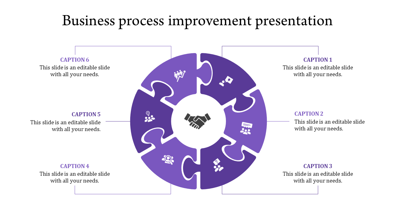 Circular infographic with six purple puzzle pieces, each containing icons representing business process improvement steps.