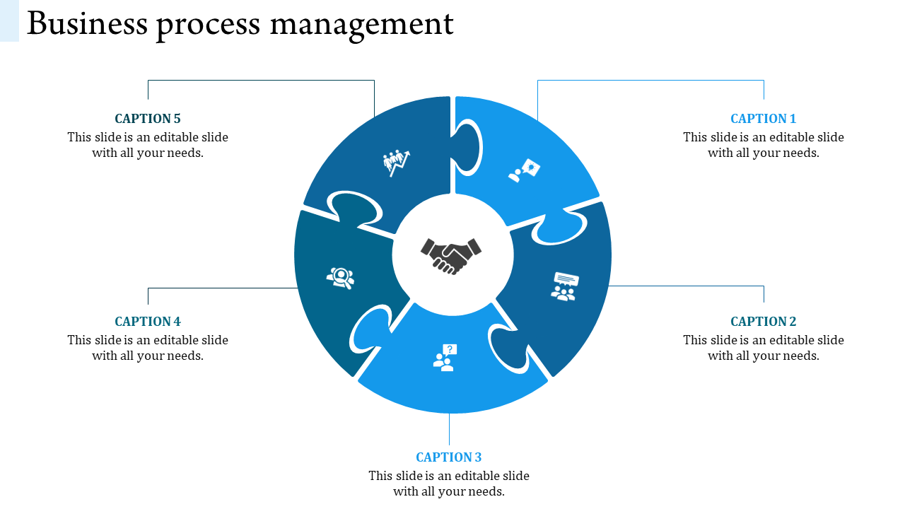 Five section blue puzzle diagram with business related icons and a handshake at the center representing collaboration.