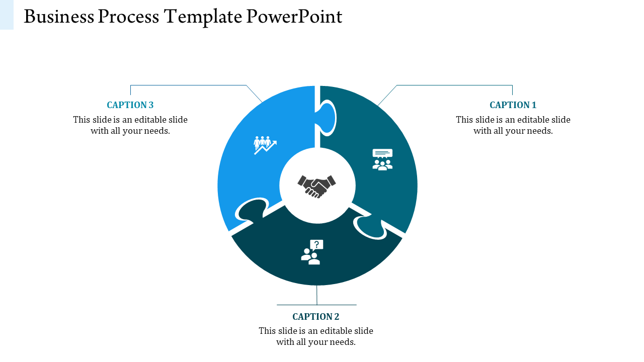 Circular puzzle diagram in blue shades showcasing a business process with three captions and icons around a handshake symbol.