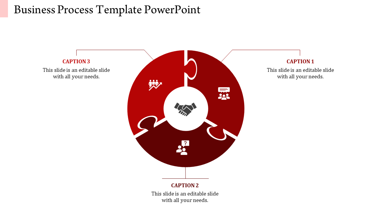 Business process template with a red circular puzzle design, including a handshake icon and three captions linked.