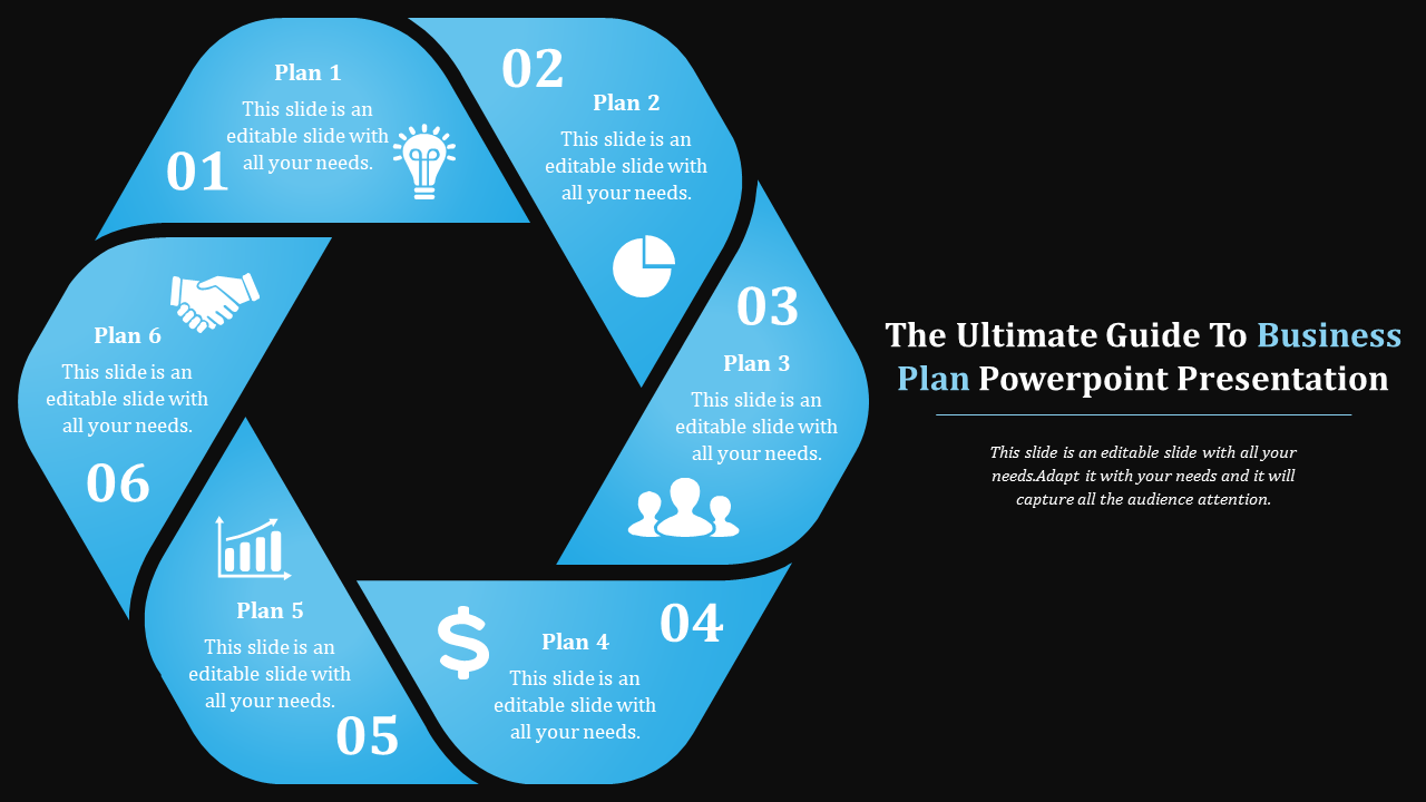 Business plan template with six interconnected plans, each featuring icons with captions.