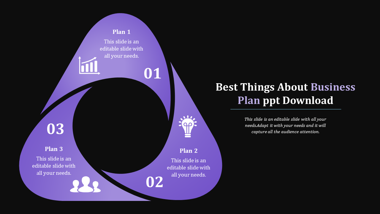 Purple triangular circular infographic with three labeled segments, featuring icons, and text on a black background.