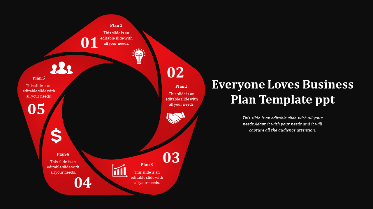 Business plan slide featuring a swirl with five segments, displaying icons for lightbulb, handshake, graph, money, and users.