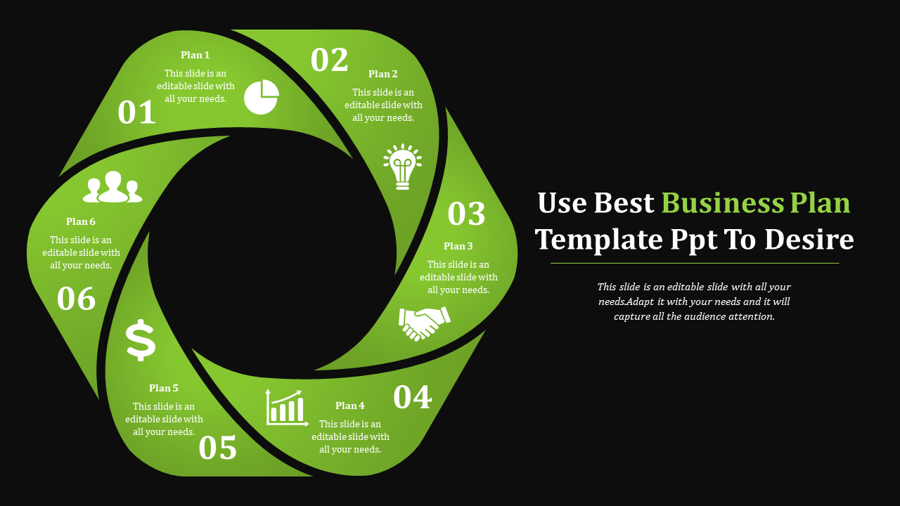 Green circular infographic with six segments, numbered 01 to 06, containing icons and text on a black background.