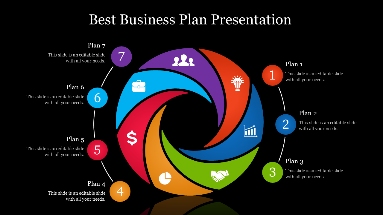 Seven-part spiral business plan with icons for ideas, financial planning, teamwork, and charts, arranged in a colorful swirl.