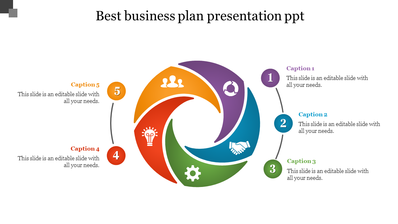 Colorful circular diagram slide representing the best business plan featuring five caption sections with icons.