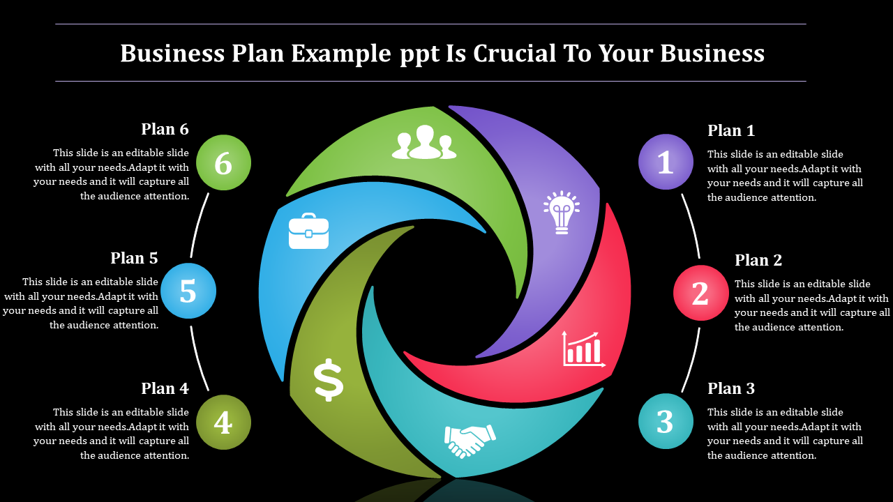 Infographic for business plans with six colorful sections representing different strategic plans on a dark backdrop.