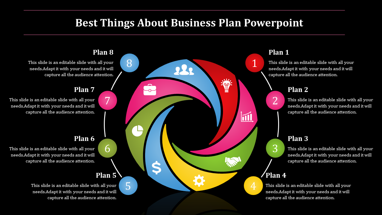 Business plan  slide with a spiral infographic showing eight stages, with icons for topics. 