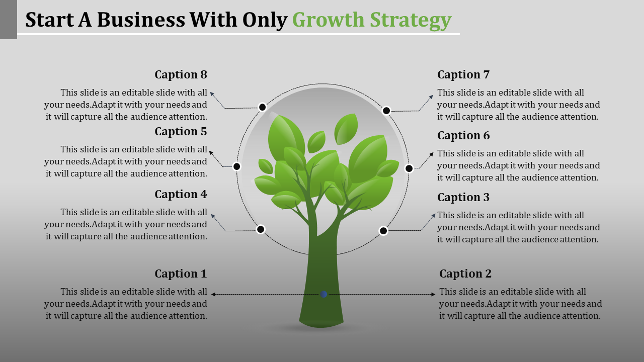 Tree infographic with green leaves surrounded by eight labeled captions arranged in a circular layout.